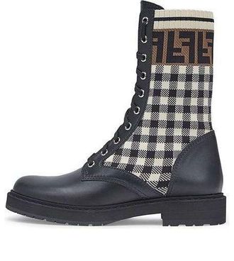 Fendi (WMNS) FENDI Black leather biker boots with stretch fabric Black White 8T6780AD7AF1BPG