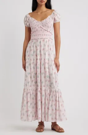 LoveShackFancy Amandla Floral Smock Bodice Cotton Maxi Dress in Eau De Rose at Nordstrom, Size Xx-Small