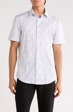 Bugatchi Short Sleeve Stretch Cotton Button-Up Shirt in Sky at Nordstrom Rack, Size Xxx-Large
