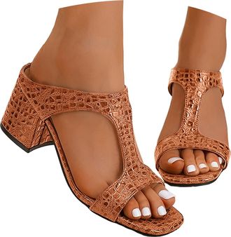 Generic Womens Classic Open Toe Mid Heel Shoes T-Strap Chunky Heel Sandals Dressy Casual Summer Sandals for Women Party Non Slip Rubber Outsole Slippers (Brow