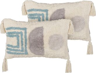 Beliani Conjunto De 2 Cojines De Algod&oacute;n Suave Estilo Boho Con Borlas 30 X 50 Cm Multicolor Casiope