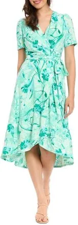 London Times Floral Eyelet Faux Wrap Midi Dress in Light Green/Teal at Nordstrom Rack, Size 16