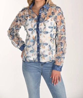 Frank Lyman Design Eden Embellished Raised Floral Lace Blouse In Blue Multi