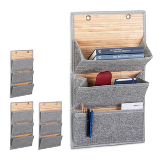 Relaxdays 4 Bolsas Colgantes, Organizadoras, 3 Compartimentos, Almacenaje, Para Pared, Armario Y Puerta, Bamb&uacute;, 58x34x15 Cm, Gris