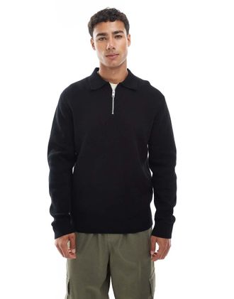 Jack & Jones Premium - Polo a maniche lunghe in maglia nera con cerniera lampo corta-Nero