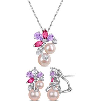 Delmar 6-9mm Pink Cultured Freshwater Pearl & Stone Cluster Pendant Necklace & Stud Earrings Set in Purple Multi at Nordstrom Rack