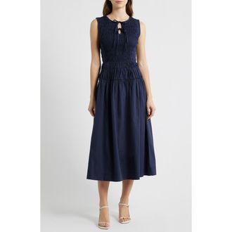 Moon River Tie Front Smock Waist Midi Dress in Navy at Nordstrom, Size X-Large