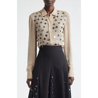 Lela Rose Paillette Embroidered Georgette Button-Up Shirt in Taupe at Nordstrom, Size X-Small