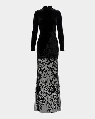 Mac Duggal Floral Mixed-Media Long-Sleeve Gown