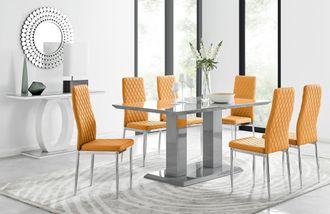 Furniturebox Imperia Grey Modern High Gloss Dining Table & 6 Milan Dining Chairs Set in Mustard