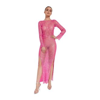Santa Brands Roze Maxi Mesh Jurk Kristalversiering - Dames - Feestkleedjes - Roze - ONE Size - Kleedjes