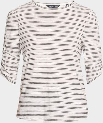 Veronica Beard Waldorf Stripe Ruched-Sleeve Tee