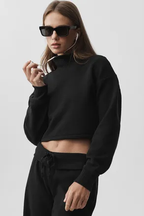 Alo | Cropped Serenity Coverup Sweatshirt in Black, Size: Medium