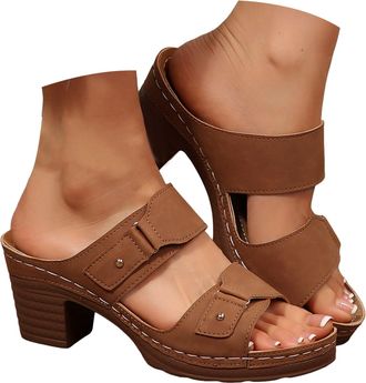 Generic Women Chunky Block Heel Sandals, High Heel Slide Sandals Summer Dressy Open Toe Ankle Strap Chunky Heels Slippers Elegant Slip on with Buckle