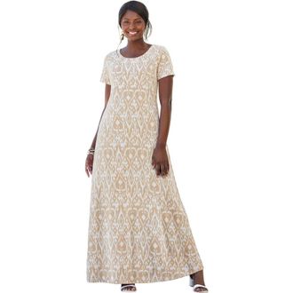 Jessica London Stretch Cotton T-Shirt Maxi Dress in Khaki Brushed Tribal at Nordstrom, Size 14P