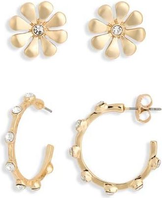 Nordstrom Rack Set of 2 Crystal Flower & Hoop Earrings in Clear- Gold at Nordstrom Rack