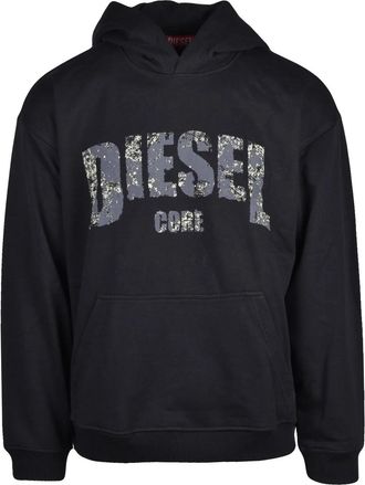 Diesel Black Hoodie With Distressed Logo And Kangaroo Pocket