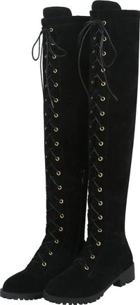 Agodor Womens Flat Lace up Over The Knee Boots Low Chunky Heel Riding Thigh High Boots (UK 10.5, black)