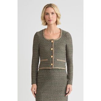 Misook Heritage Lurex Braided Trim Tweed Knit Jacket in Dark Ivy/midnight Umber at Nordstrom, Size Xx-Large