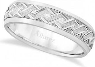 Allurez Mens Fancy Carved Comfort-Fit Wedding Band 18k White Gold (5mm)