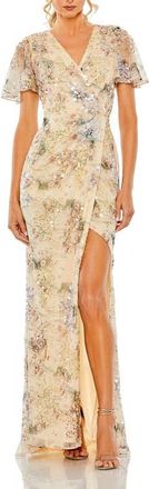 Mac Duggal Embellished Butterfly Sleeve Faux Wrap Gown in Champagne at Nordstrom, Size 12