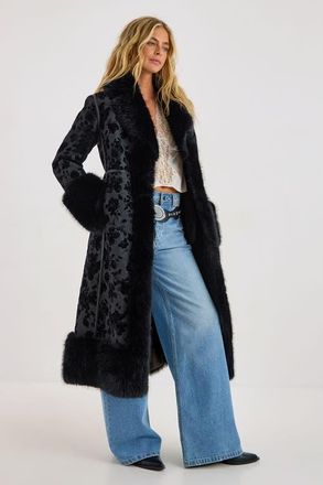 NASTY GAL Faux Fur Floral Jacquard Coat in Black at Nordstrom, Size 2