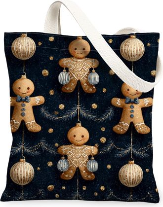 Generic Gingerbread Canvas Tote Bags, Cute Holiday Pattern Reusable Shopping Bags, Fun Festive Lightweight Washable Shoulder Strap, Black, 13x15 Inch