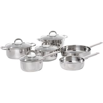 Beliani Set di 10 pentole e padelle 4 pentole 2 padelle in acciaio inossidabile con coperchi argento Primecook