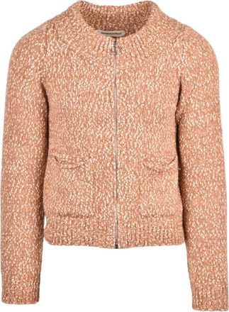 Namacheko Brown Textured Knit Zip Crewneck Wool-Blend Cardigan