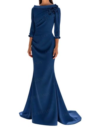 Terani Couture Beaded Bateau Neck Crepe Sheath Maxi Dress In Navy