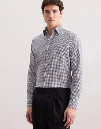 Seidensticker Seidensticker Mens Regular Fit No Iron Covered Button Down Check Business Shirt Dark Blue - Size: 46/Regular