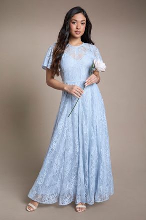 Oasis Womens Petite Angel Sleeve Lace Bridesmaid Dress - Light Blue - Size 16 UK