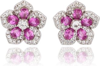 Suzy Levian Sterling Silver Pink Sapphire Created White Sapphire Petite Flower Earrings