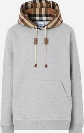 Burberry Mens Burberry Check Trim Hooded Cotton Sweatshirt Gray - Grey - Size: 42
