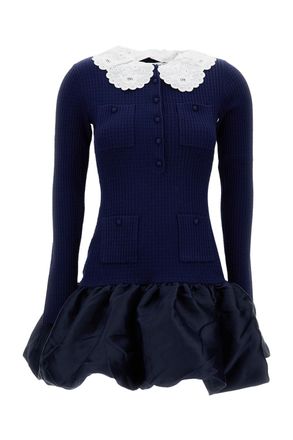 Self Portrait Navy Knit Taffeta Mini Dress