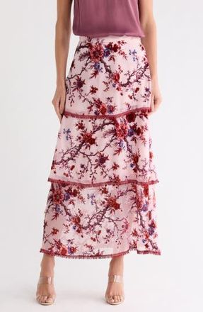 Matty M Floral Burnout Tiered Maxi Skirt in Rose at Nordstrom Rack, Size X-Small