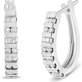 House of Brilliance 10K Gold Round and Baguette-Cut Diamond Hoop Earrings in White Gold at Nordstrom