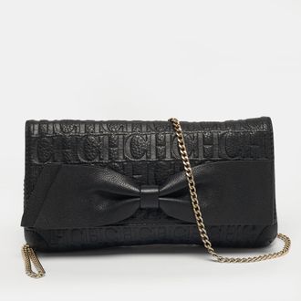 Carolina Herrera Black Monogram Embossed Leather Bow Flap Chain Shoulder Bag