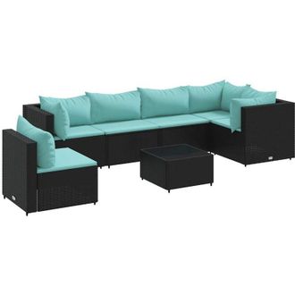vidaXL Set De Muebles De Jard&iacute;n Y Cojines 7 Pzas Rat&aacute;n Sint&eacute;tico Negro Vidaxl