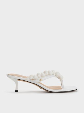 Charles & Keith Leather Beaded Thong Kitten Heels