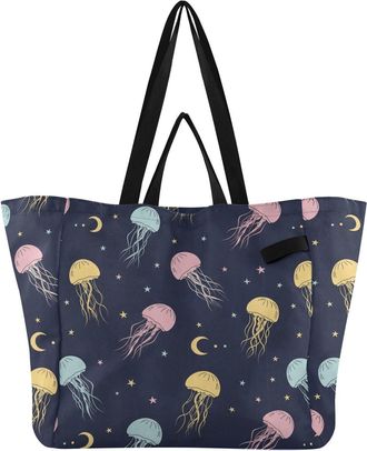 Generic Space Jellyfish Moon Black pattern Reusable Canvas Tote Bag, Heavy Duty Grocery Shopping Bag with Hard Bottom Double Handles Large Capacity Work Groce