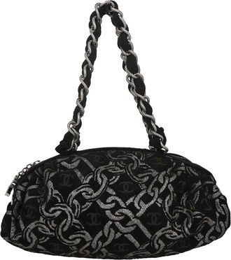 Chanel Vintage Zip Bowler Printed Jacquard Black Cotton Handbag (Pre-Owned)