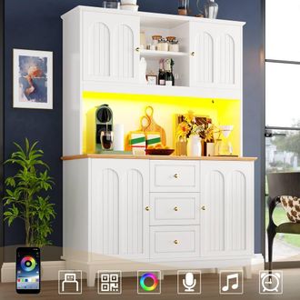 Matteo White 180cm Pantry Cabinet - App LED Lights, 3 Drawers, Shelves