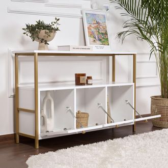 Dmora Aparador Noda, Mueble 2 Estantes, 3 Compartimentos, 3 Puertas, 120x30x77h Cm Blanco Brillante