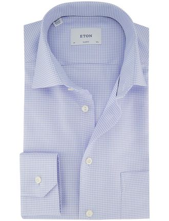 Eton Houndstooth King overhemd geruit lichtblauw semi-wide collar