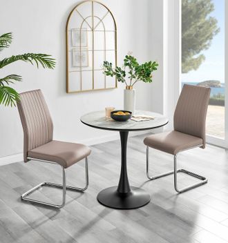 Furniturebox Elina White Marble Effect Scratch Resistant Dining Table & 2 Lorenzo Faux Leather Chairs in Beige