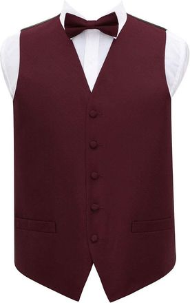 DQT Men Greek Key Patterned Wedding Waistcoat and Bow Tie Burgundy 38