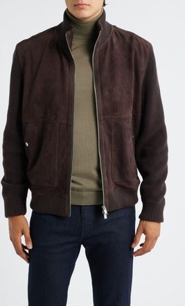 BOSS Maparo Goatskin Suede & Cotton Blend Knit Jacket in Dark Brown at Nordstrom, Size 38