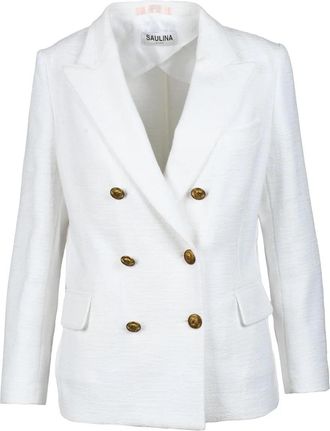 Saulina Milano White Double-Breasted Gold Button Cotton Blazer