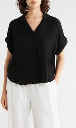 Eileen Fisher Notch Collar Roll Cuff Shirt in Black at Nordstrom Rack, Size Medium
